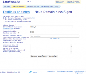 Textlinks anbieten- Neue Domain hinzufuegen